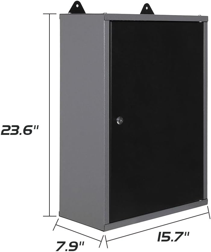 JZD Metal Storage Wall Mounted Cabinet with 22 Hooks, Lockable Small Tool Chest, for Garage Basement Workshop, Black and Gray