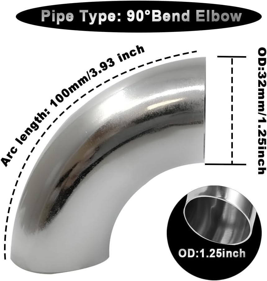 OD 1.25 Inch 90 Degree Stainless Steel Bend Tube Exhaust Elbow Pipe for Car Modified Exhaust System 1.25" Piping Silver Tone，Stair Handrail (1PCS)