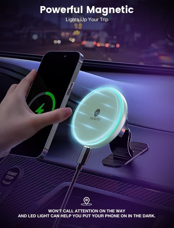 MOKPR for Magsafe Car Mount Charger-15W Wireless Car Charger-Magnetic Car Phone Holder for Dash Air Vent-LED RGB HandsFree Car Mount Fast Car Charger for iPhone 14/13/12 Series,Green