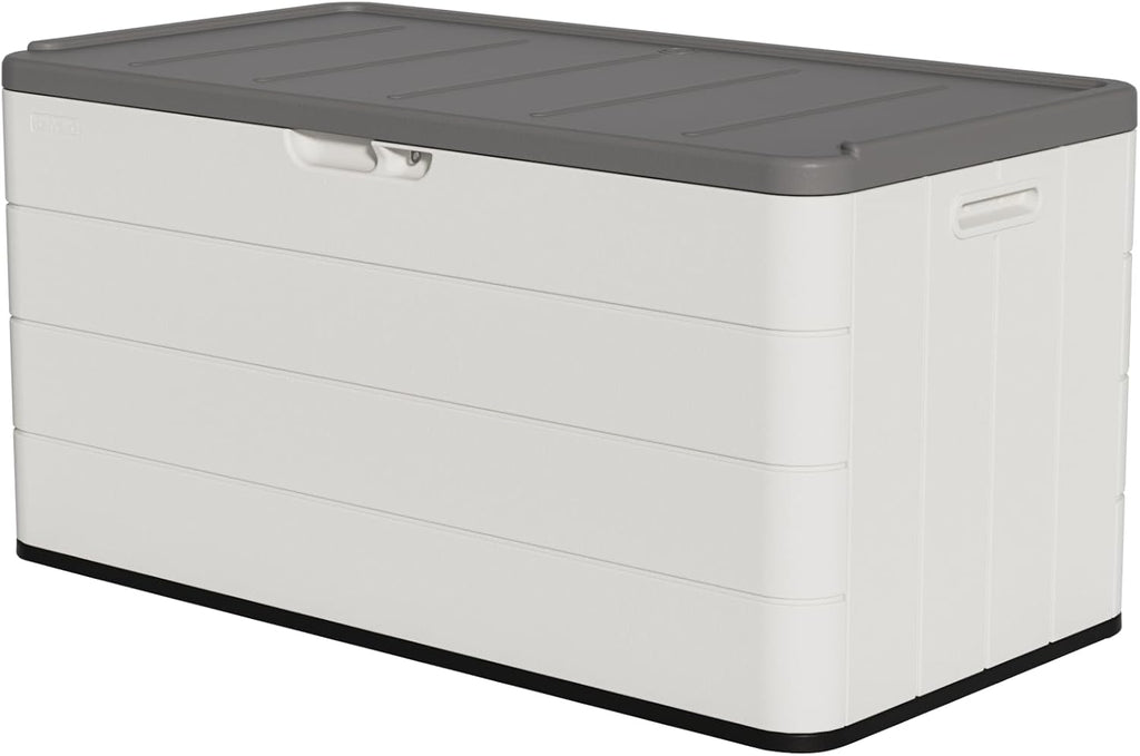 100 Gallon Plus Resin Deck Box, Waterproof Outdoor Storage Bin for Patio Furniture, Pool Accessories, and Garden Tools, Lockable & UV-Resistant, White