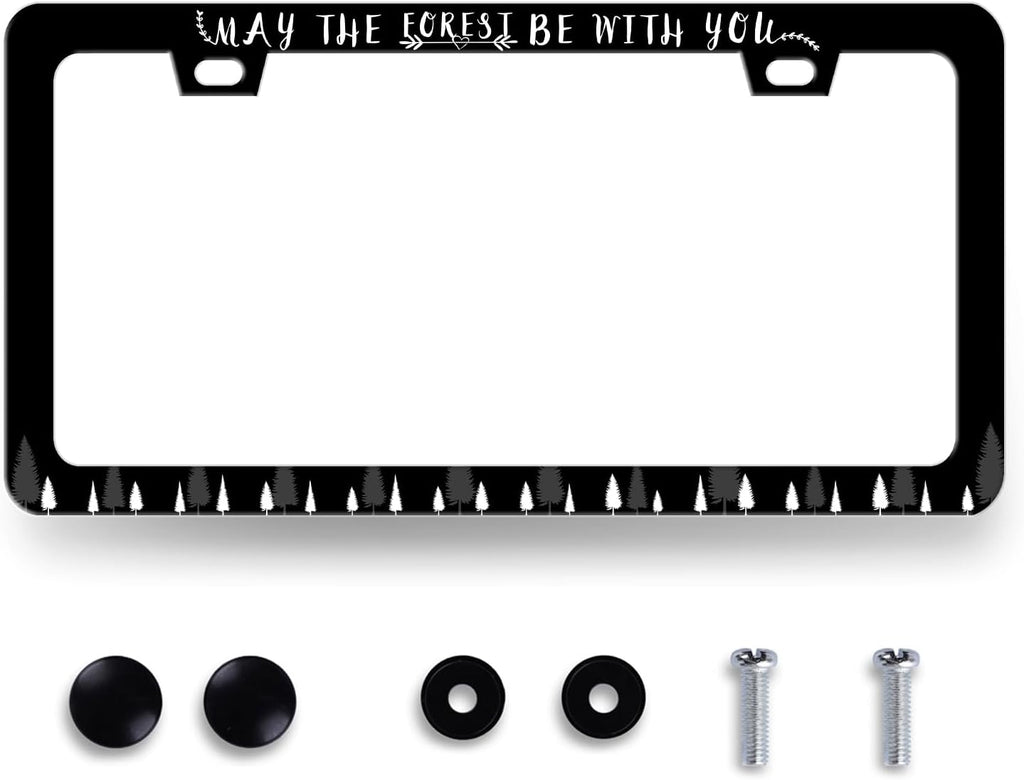 May The Forest Be with You License Plate Frame Funny Text License Plate Holder for Personalized Car Decorative Stainless Steel Forest License Plate Auto Part with Screws 12.2" x 6.2"
