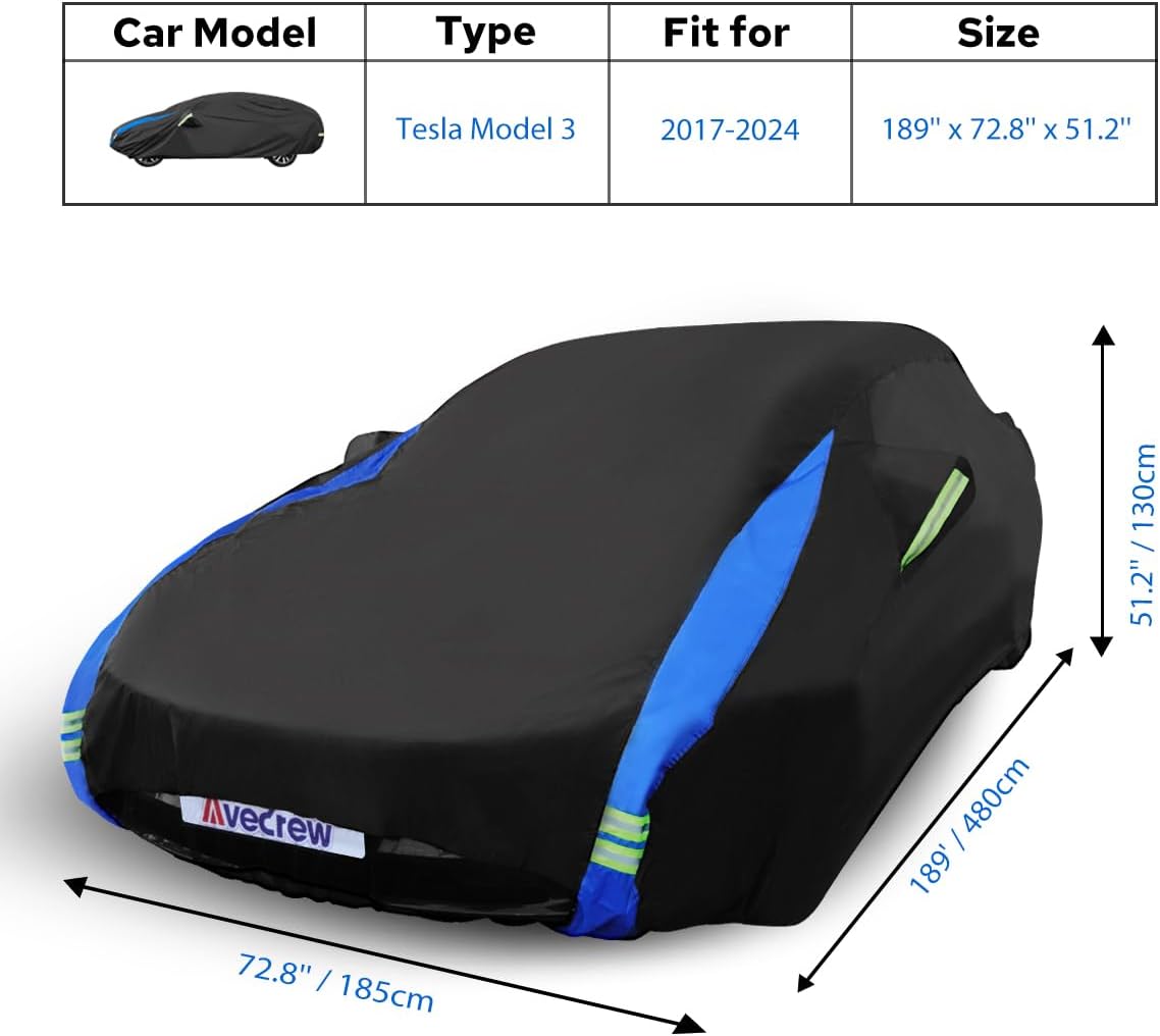 Avecrew Car Cover for Tesla Model 3 2017-2024, Custom Fit Full Exterior Cover with Charging Port and Breathable Ventilation Mesh, Waterproof All Weather Outdoor Rain Snow Sun Protection Cover