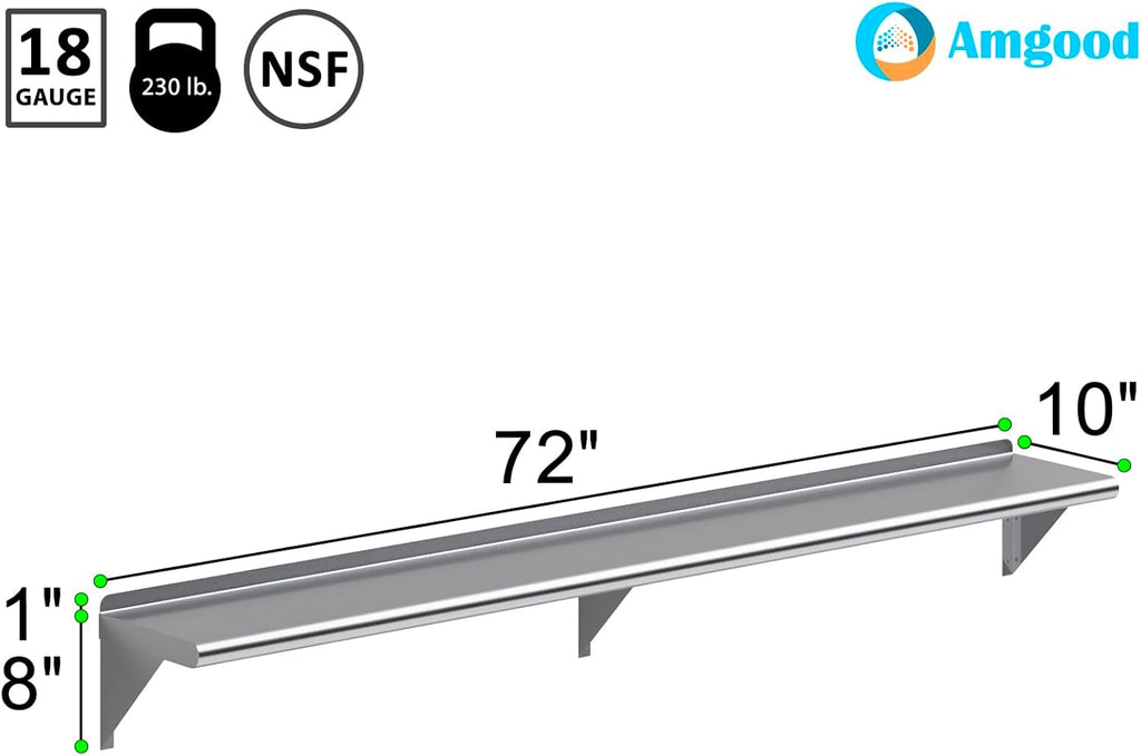 AmGood 72" Long X 10" Deep Stainless Steel Wall Shelf | NSF Certified | Appliance & Equipment Metal Shelving | Kitchen, Restaurant, Garage, Laundry, Utility Room