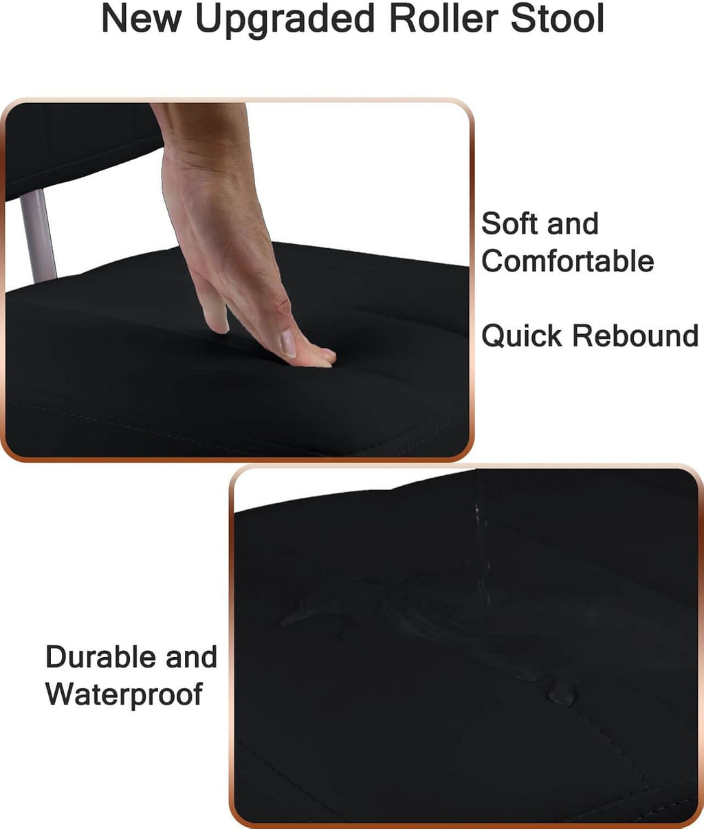 Rolling Stool and 4 Wheels with Brakes Rolling Chair for Home Office Garage Shop Roller Seat Water-Proof High Density Cushion and Steel Black