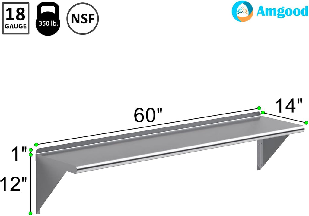 AmGood 60" Long X 14" Deep Stainless Steel Wall Shelf | NSF Certified | Appliance & Equipment Metal Shelving | Kitchen, Restaurant, Garage, Laundry, Utility Room