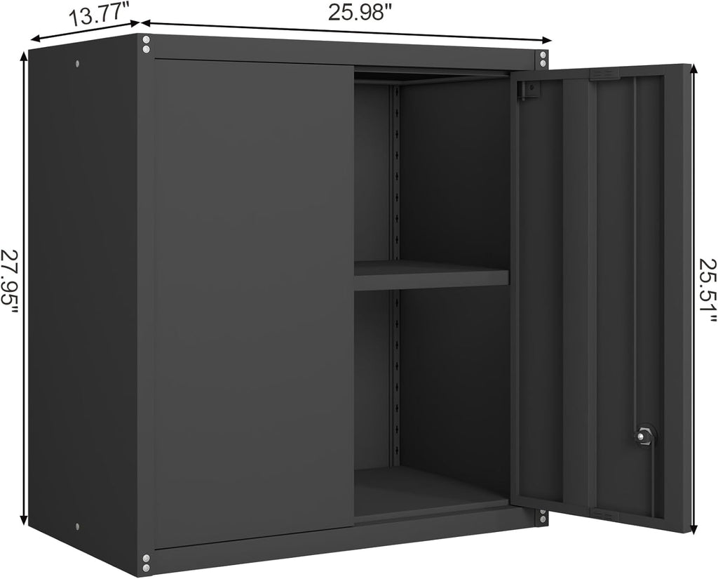 GREATMEET Metal Wall Cabinet, Wall Mounted Cabinet with Doors and Adjustable Shelf, Metal Storage Cabinet with Lock, Wall Cabinet for Garage, Pantry, Utility Room, Black
