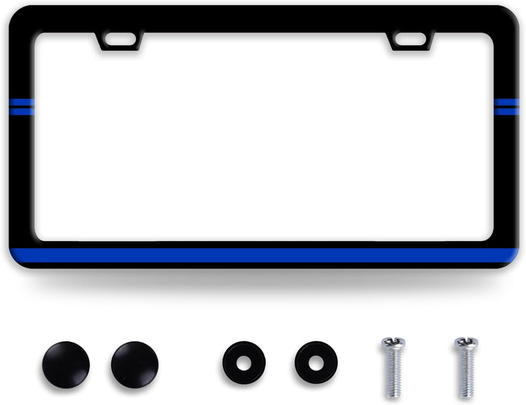 Thin Blue Line License Plate Frame Patriotic License Plate Frames Funny Stainless Steel Accessories Cars Decor with 2 Holes and Screws Fits Standard Us Ca Vehicles License Plate Holder 12.2 X 6 Inch