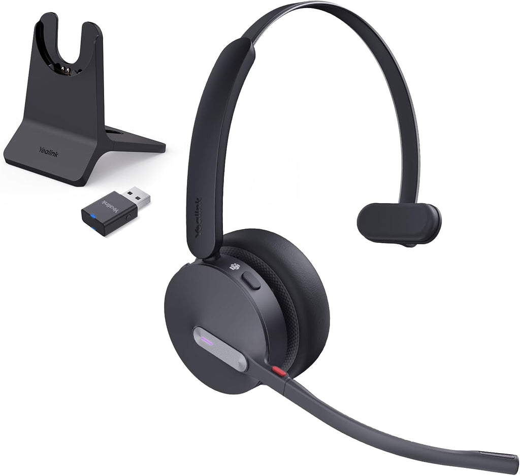 Yealink WH64 Hybrid DECT& Bluetooth Wireless Headset, 492ft Range Mono Teams UC Headphones with DECT Dongle & Charging Stand, 3X Mic, 26H Talk Time,Portable Single Headsets for PC,Cellphone,Laptop