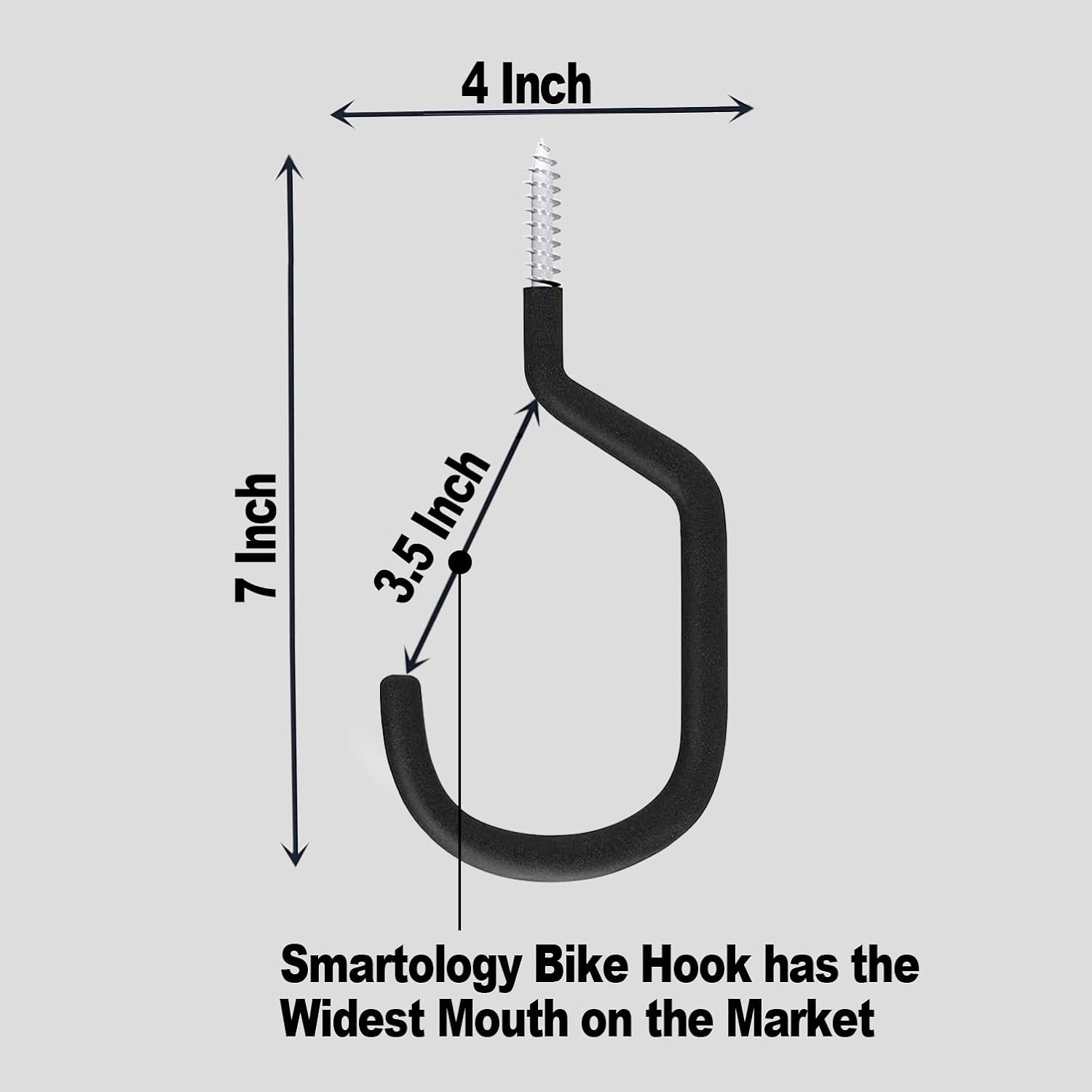 SMARTOLOGY Extra-Large Bike Hook, Bicycle Storage Hanger, Rubber Coated Heavy Duty Screw-in Ceiling Hooks for Tools, Garage Wall Organizer, 4 Pack, Fits All Bike Types, Vertical Bike Racks & Stands