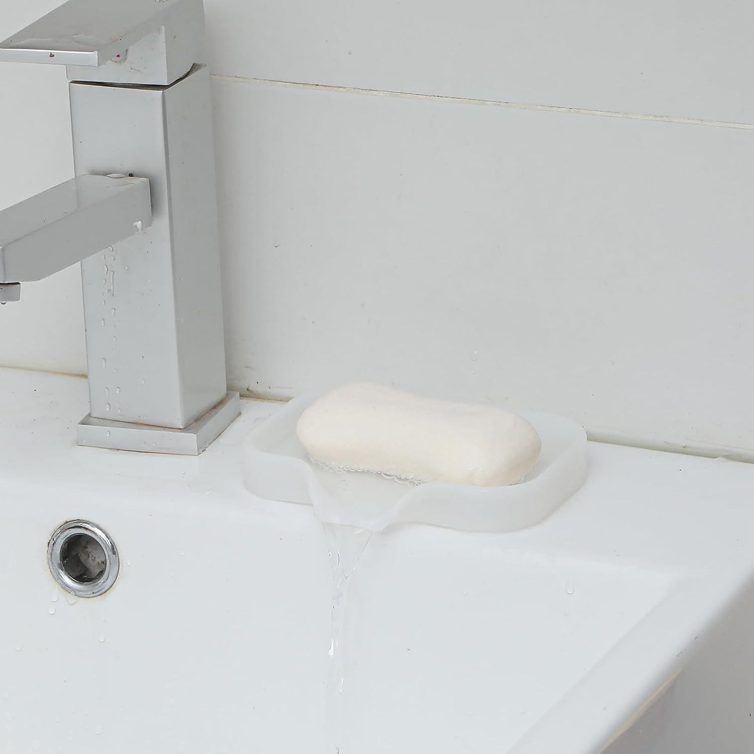 Silicone Bathroom Soap Dishes with Drain Spout-Bathroom and Kitchen Sink Organizer,Sponge Holder,Dish Soap Tray,Perfect for Dispenser,Scrubber,Bottle,Cup on Counter Translucent 4.9"×3.2"