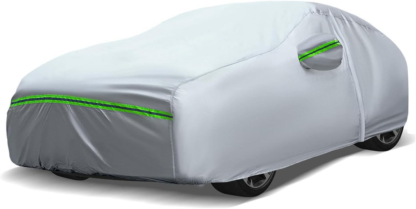 AUQDD 6-Layers Premium Sedan Car Cover Waterproof All Weather Weatherproof UV Sun Protection Snow Dust Storm Resistant Outdoor Exterior Custom Form-Fit Full Padded Car Cover with Straps 165"-181" K1