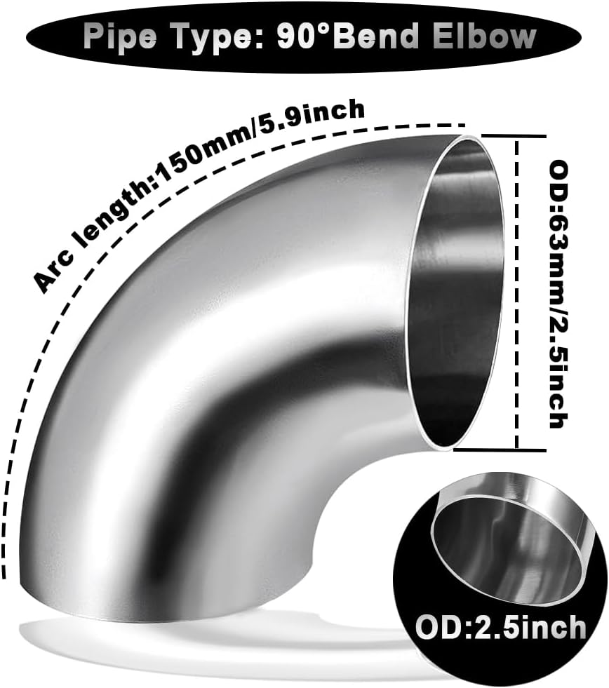 2.5 Inch 90° Mandrel Bend Elbow, SS304 Stainless Steel Bend Tube 90 Degree Exhaust Elbow Pipe - Thickness 16GA/0.65" for Car Modified Exhaust System, Stair Handrail (1 pcs)