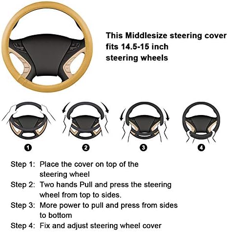 Haokay Heavy Duty Pure Cowhide Steering Wheel Cover SUV Car, Beige Genuine Leather Steering Wheel Cover Men Women Universal 14.5 to 15 Inch