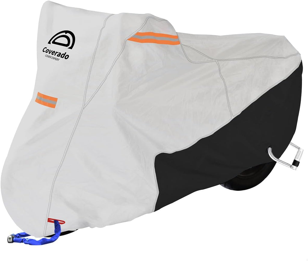 Coverado Motorcycle Cover Waterproof, All Weather Protection Outdoor Full Motorcycle Covers - UV Proof with Flame Retardant Fabric Fit for Harley Davidsion Yamaha Honda Suzuki (up to 83" Motors)