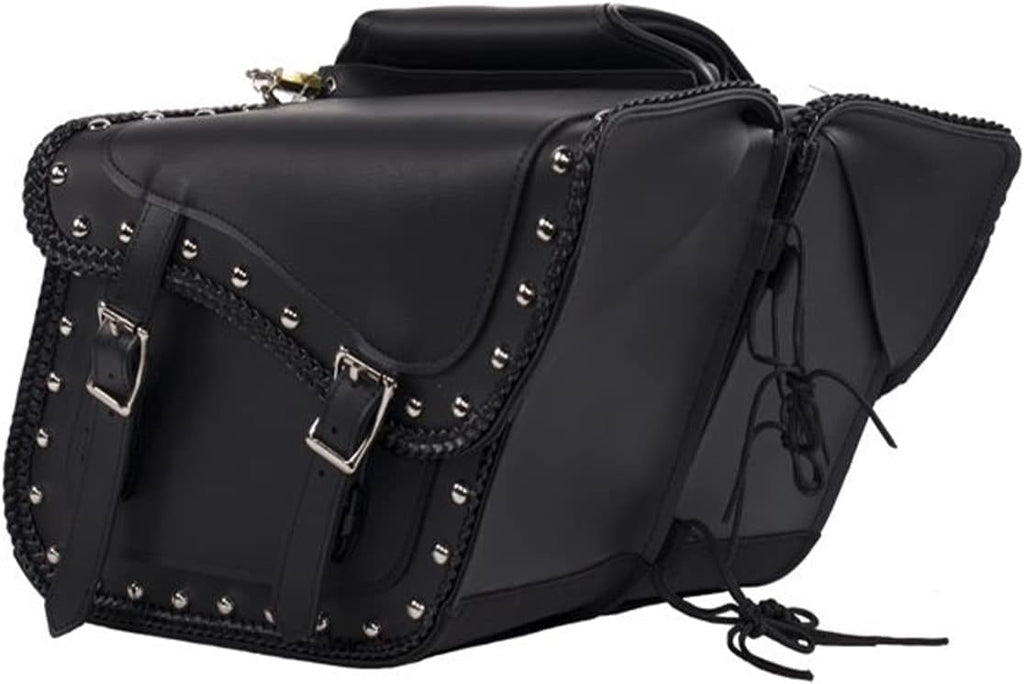 Synthetic Leather Motorcycle Luggage Bag - Waterproof Throw Over Saddlebags For Motorcycles - Softails, Sportsters, Choppers, Dyna, V-star, Shadow (With Studs, Black, 13'x13'x10')