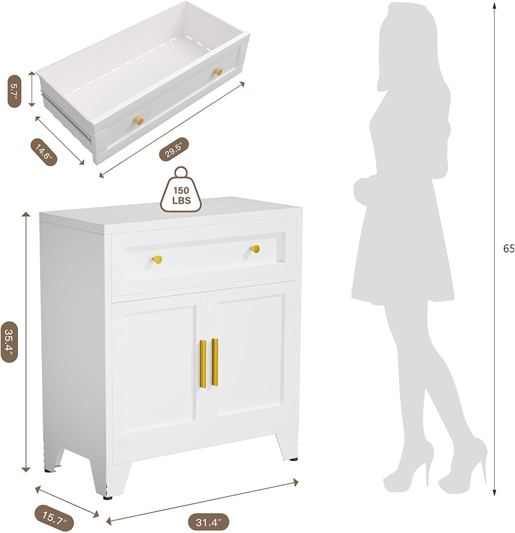 Metal Sideboard Cabinet with Big Drawers,Farmhouse Coffee Bar with One Adjustable Shelves,Buffet Cabinet,Metal Storage Cabient for Kitchen, Dining Room, Entryway, White