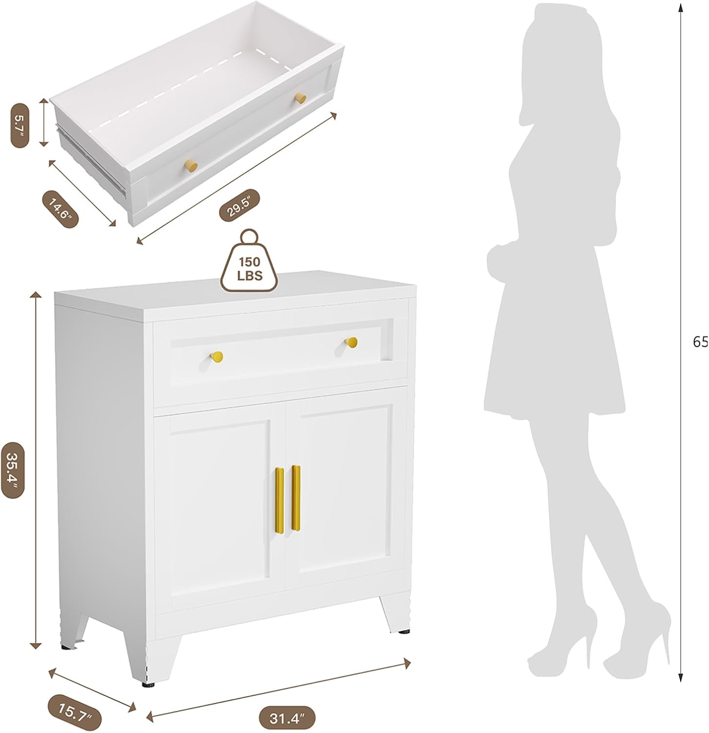 Metal Sideboard Cabinet with Big Drawers,Farmhouse Coffee Bar with One Adjustable Shelves,Buffet Cabinet,Metal Storage Cabient for Kitchen, Dining Room, Entryway, White