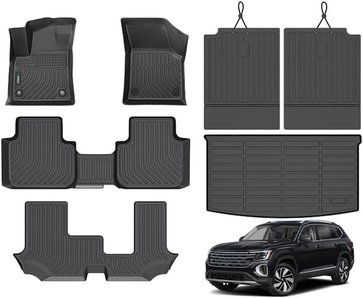 ANBINGO® Floor Mats & SeatBack Cargo Liner | Atlas 2018-2025 7 Passenger | 2nd Row with Bench Seat | (50/50 Velcro Tape Fixed Backseat) TPE 3 Rows Car Mat Waterproof, Accessories