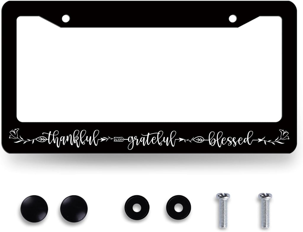 Thankful Grateful Blessed License Plate Frame Christianity License Plate Holder Funny License Plate for Belief Car Decoration Stainless Steel Car Accessory with Screws Men Women 12.3" x 6.3"