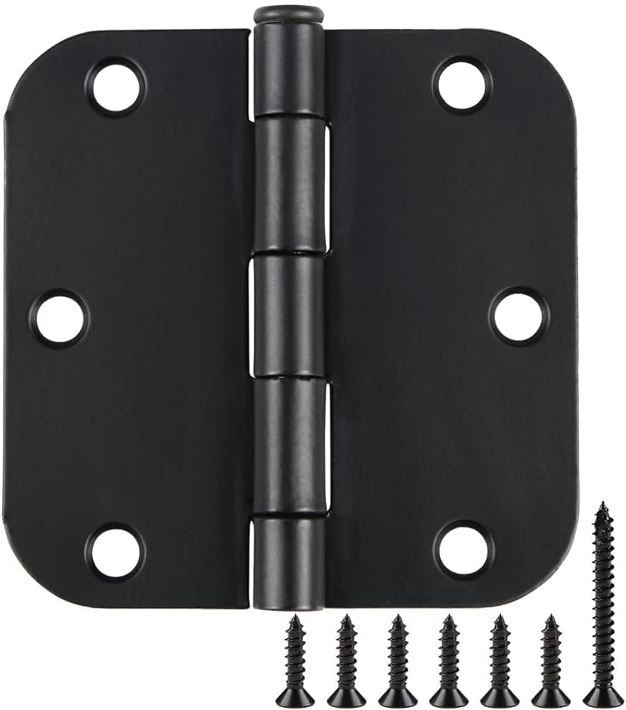 3 Pack Interior Matte Black Door Hinges Rounded 3.5 Inch x 3 1/2" Indoor Heavy Duty Metal Hardware Kits 3 ½" 5/8" Radius Office Flat Hinge for Bifold Doors Decorate Master Guest Bedroom Storage Room