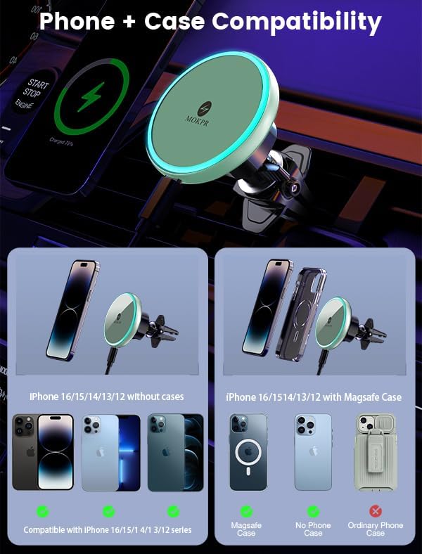 MOKPR for Magsafe Car Mount Charger-15W Wireless Car Charger-Magnetic Car Phone Holder for Dash Air Vent-LED RGB HandsFree Car Mount Fast Car Charger for iPhone 14/13/12 Series,Green