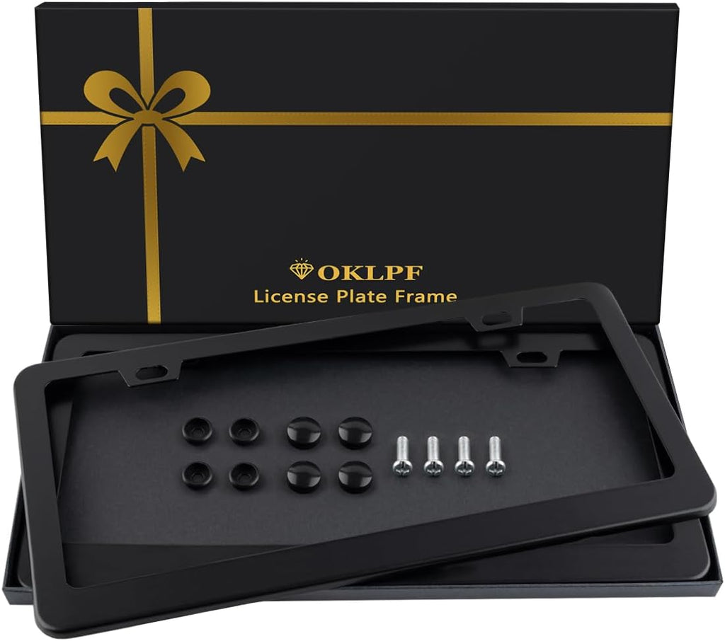 2 Pack Black License Plate Frame, Black Aluminum License Plate Cover, Matte License Plate Front and Rear 2 Packs. (2 Holes), Come with Screw Cap, Screw,Washer