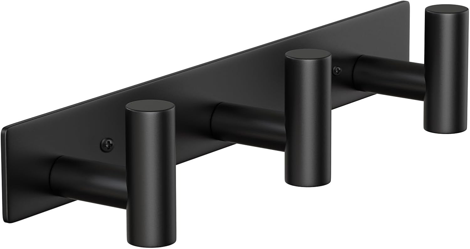 Wall Mounted Coat Rack-3 Hooks, Heavy Duty Stainless Steel Hook Rail for Towel Coat Hat Purse Bag Jacket, Towel Hooks for Entryway Bathroom Kitchen (Black 3 Hooks - 1 Pack)