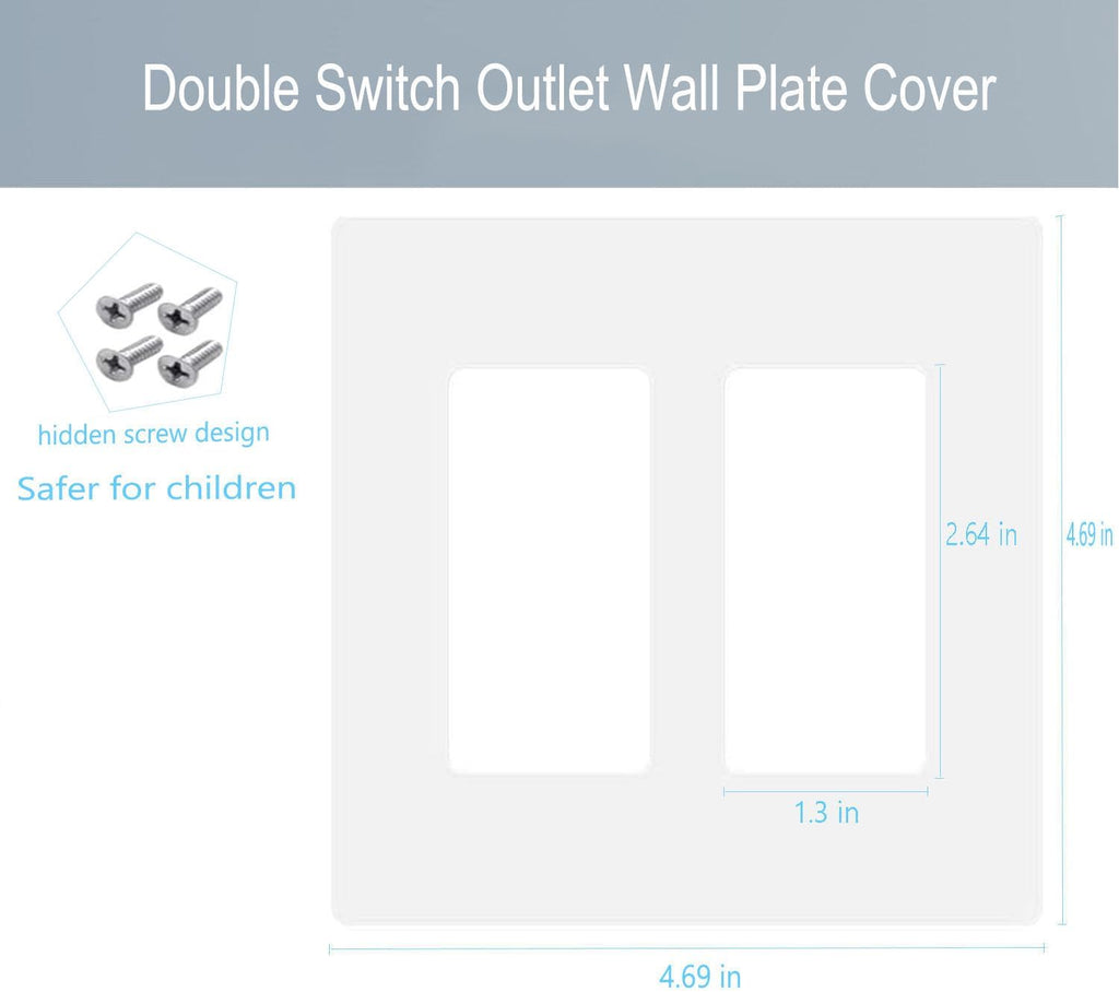 2-Gang Screwless Decora Wall Plate Cover Double Switch Outlet Electrical Faceplate for Light Switch, Smart Switch, Receptacle, Dimmers, USB Outlet, GFCI, Child Safe Cover Plate, White (10-Pack)