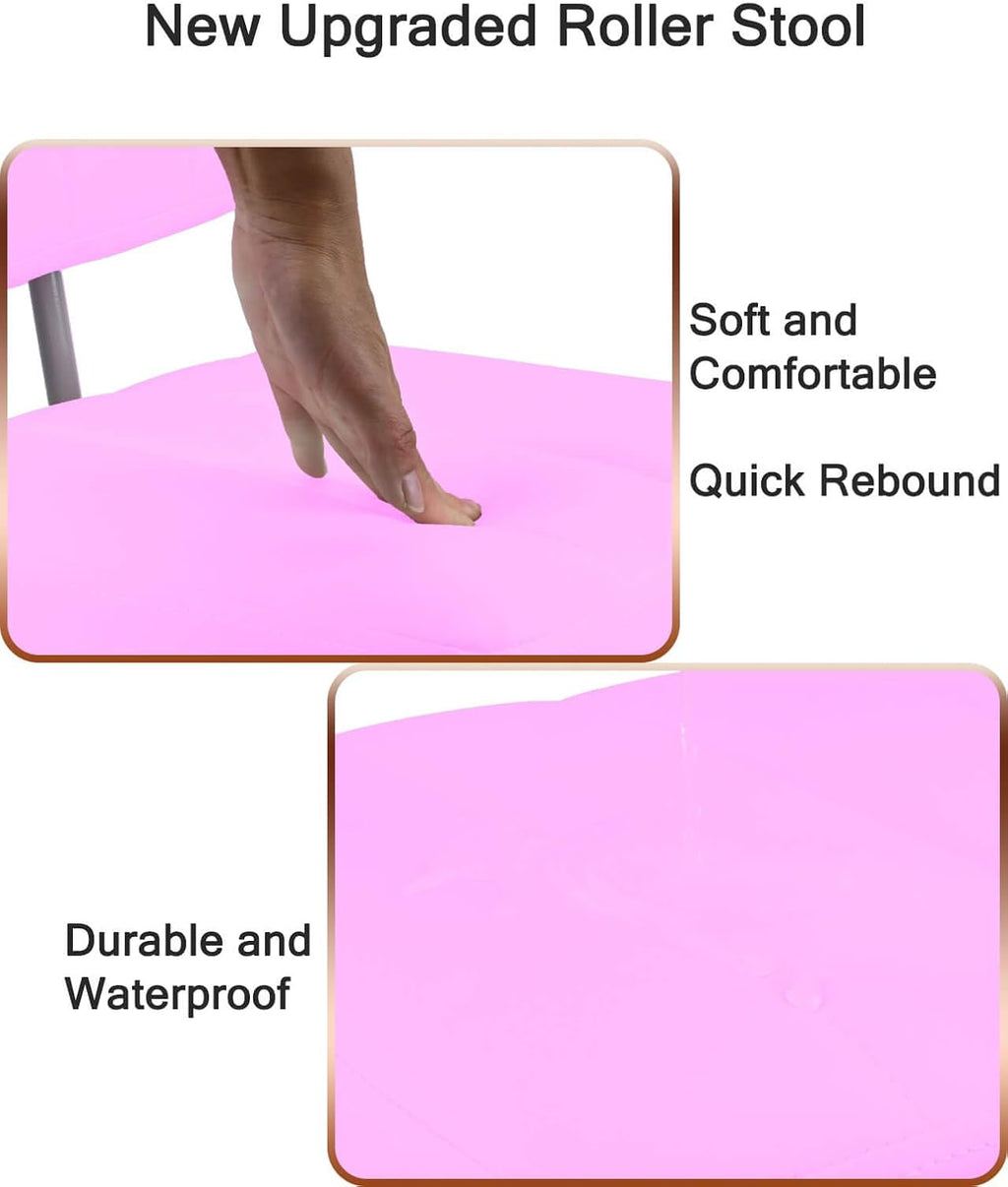 Rolling Stool and 4 Wheels with Brakes Rolling Chair for Home Office Garage Shop Roller Seat Water-Proof High Density Cushion and Steel Pink