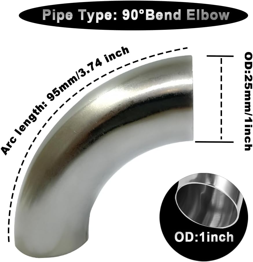 OD 1 Inch 90 Degree Stainless Steel Bend Tube 1” Exhaust Elbow Pipe for Car Modified Exhaust System 1" Piping Silver Tone，Stair Handrail (1pcs)