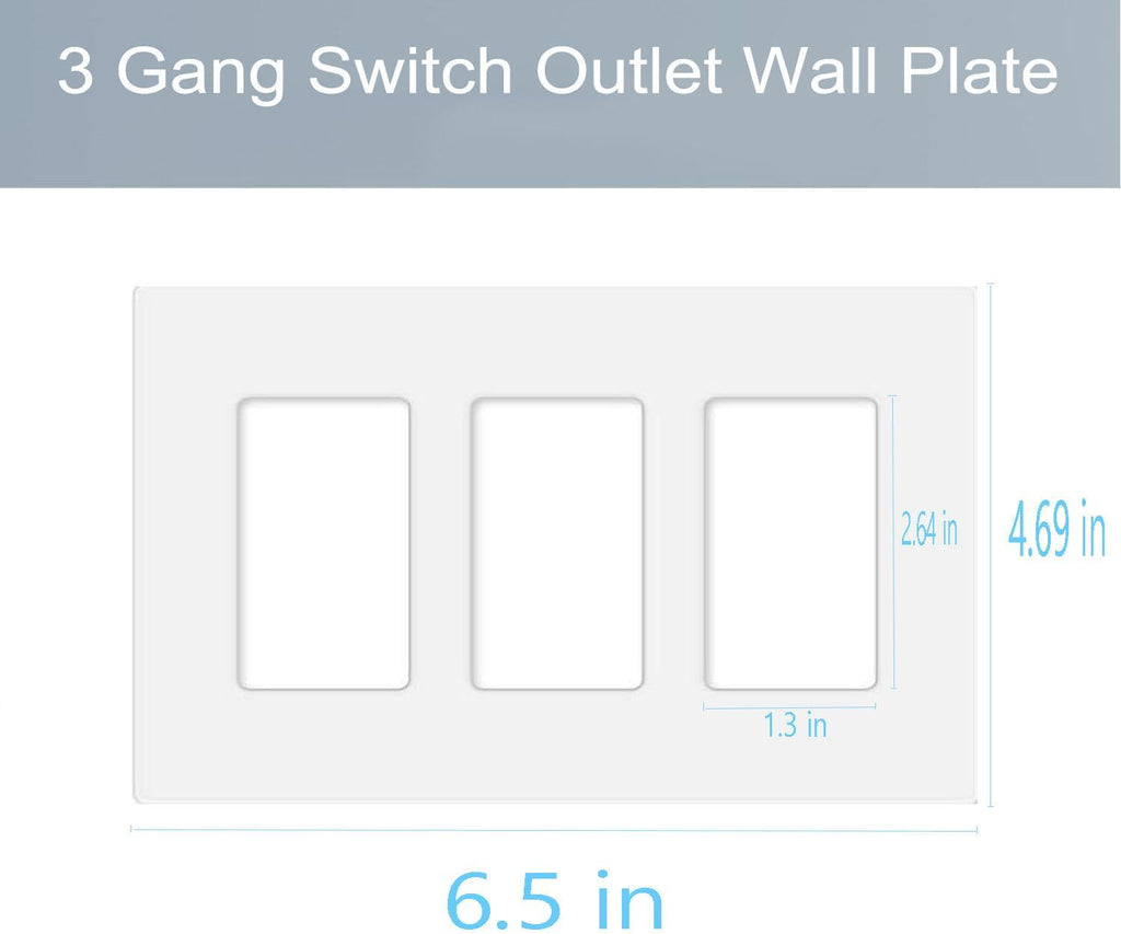 3-Gang Screwless Decorator Wall Plate Cover Switch Outlet Electrical Faceplate for Light Switche, Smart Switch, Receptacle, Dimmers, USB Outlet, GFCI, Child Safe Cover Plate, White (2-Pack)