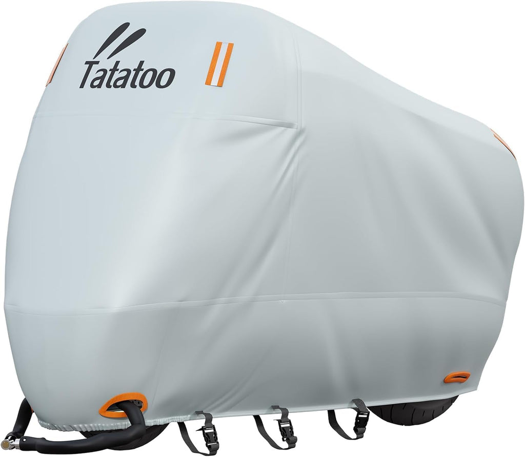 Motorcycle Cover Waterproof Outdoor, 300D Heavy Duty, UV & Rain Resistant, 3 Wind-Resistant Buckles, Dual Lock Holes, Includes Storage Bag, Fits Most Motorcycles/Scooters up to 86.6",Silver