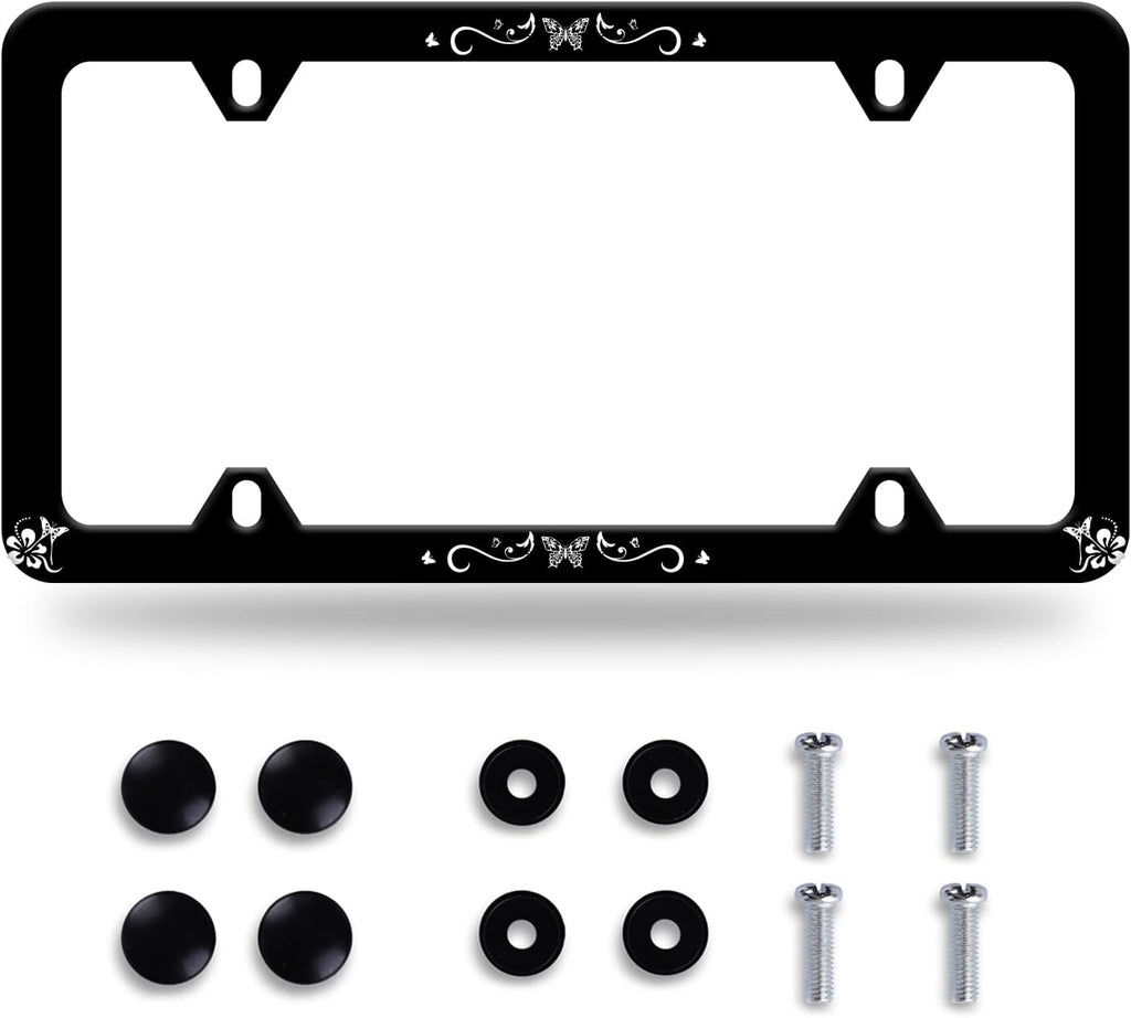 Butterfly Hibiscus License Plate Frame License Plate Stainless Steel Parts Colorful License Plate Funny Decorative with Screws Size 12.3" x 6.3" Men Women
