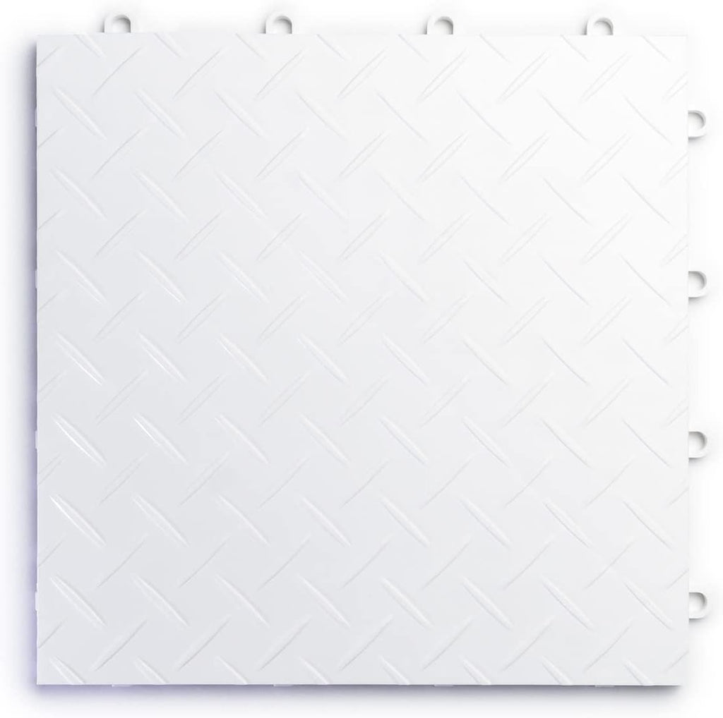 Big Floors RaceDeck Diamond Plate Design, Durable Interlocking Modular Garage Flooring Tile (White, 24 Pack of 12 x 12" Tiles)