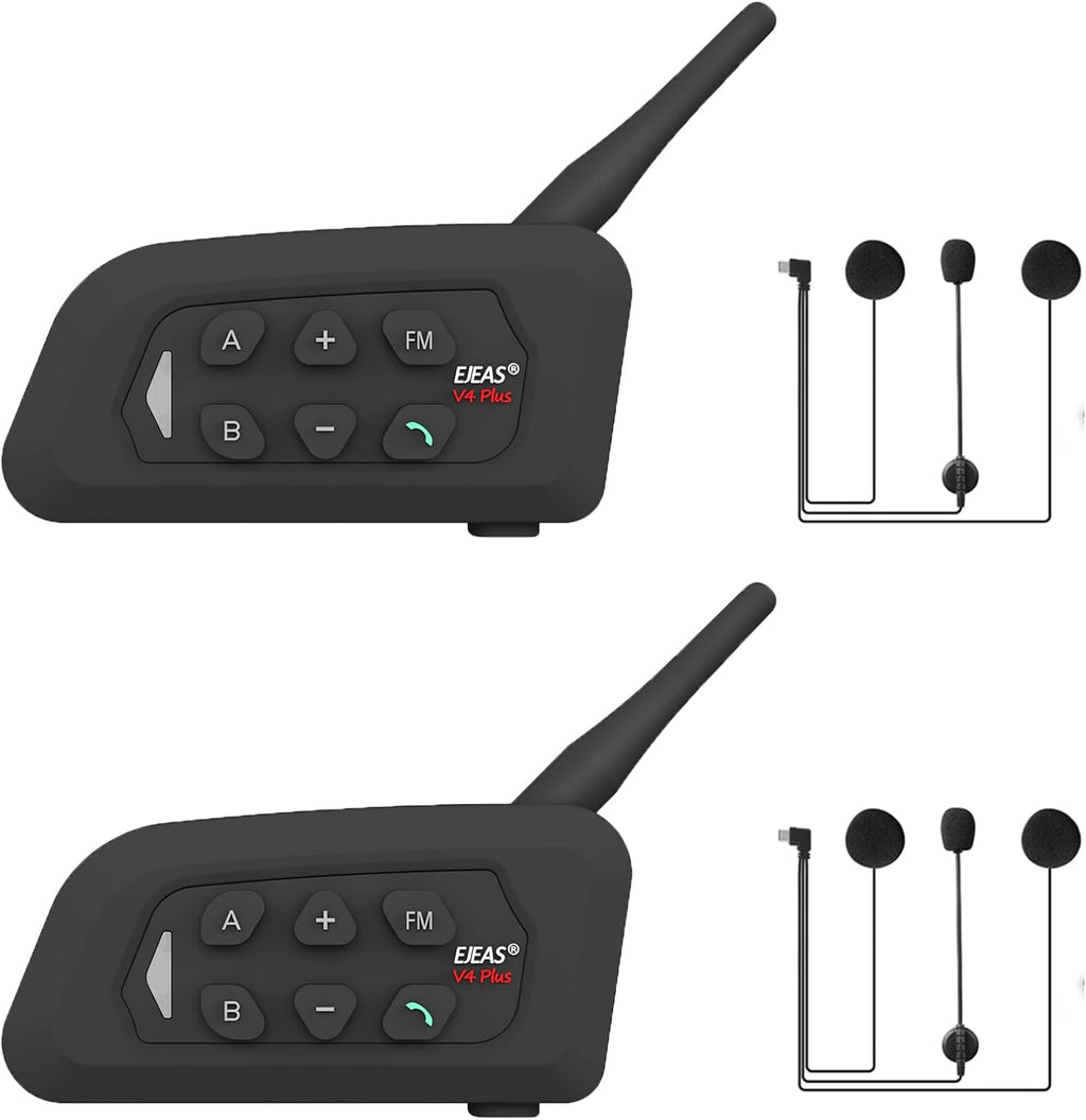 MIMIRACLE V4 Plus Motorcycle Helmet Bluetooth Intercom Headset, Up to 4 Riders 1500M IP65 Waterproof Motorbike Communication System for Skiing/ATV/Off Road -2 Pack
