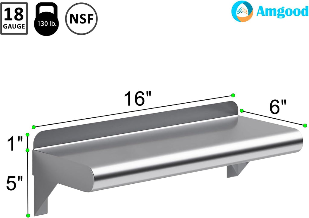 AmGood 6" X 16" Stainless Steel Wall Shelf | Metal Shelving | Garage, Laundry, Storage, Utility Room | Restaurant, Commercial Kitchen | NSF