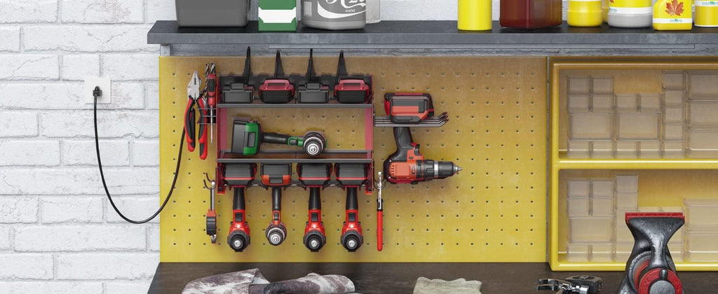 CCCEI Modular Power Tool Organizer Wall Mount Charging Station, Red 6 Drills Holder with 8 Plug Power Strip, Garage Drill Battery Heavy Duty Metal Shelf, Utility Rack with Hooks, Side Storage.
