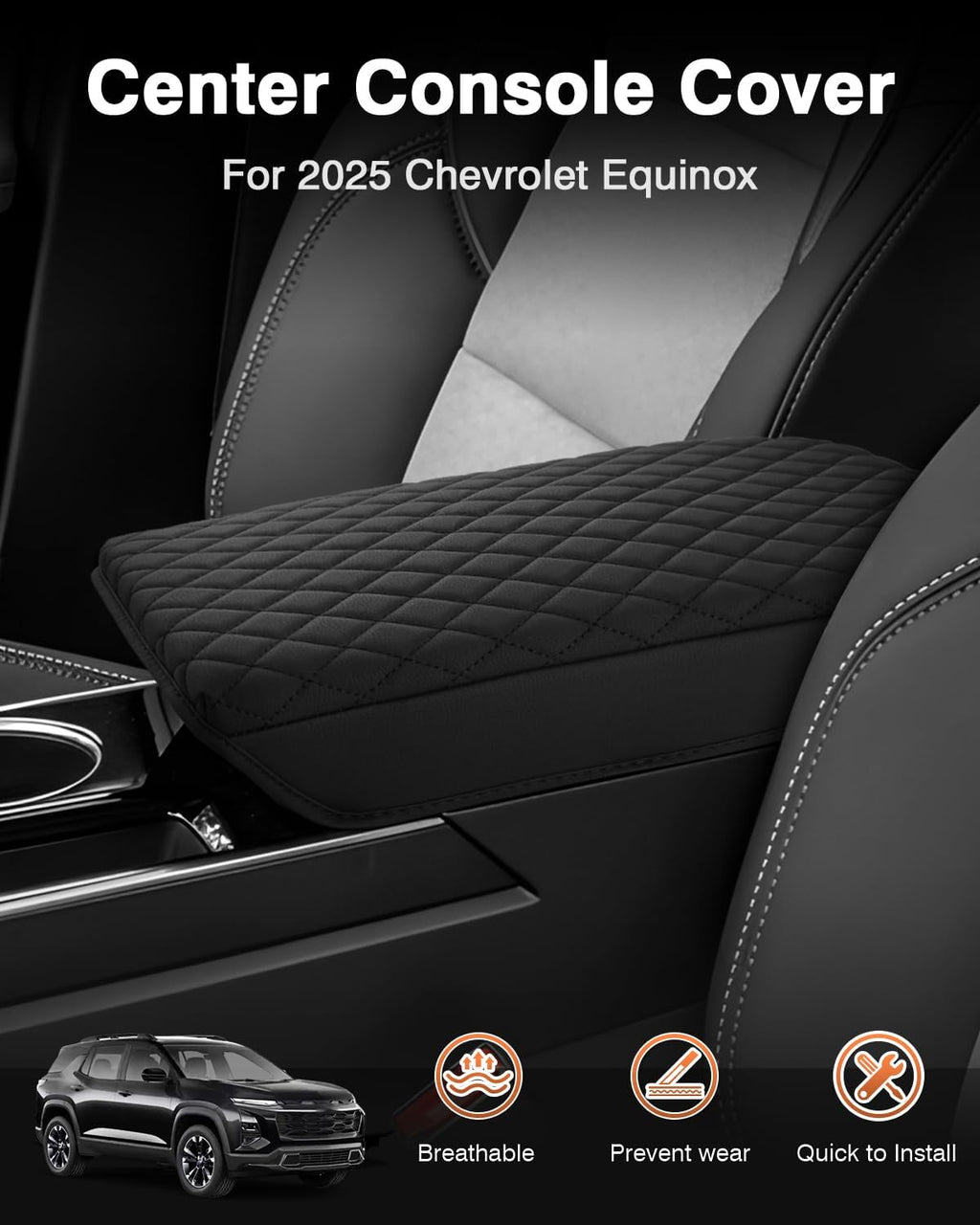 Shademax Center Console Cover for Chevy Equinox 2025 2026 Accessories, 2025 Chevrolet Equinox Armrest Cover Cushion Pad Middle Console Armrest Seat Box Protector PU Leather Anti-Scratch Black