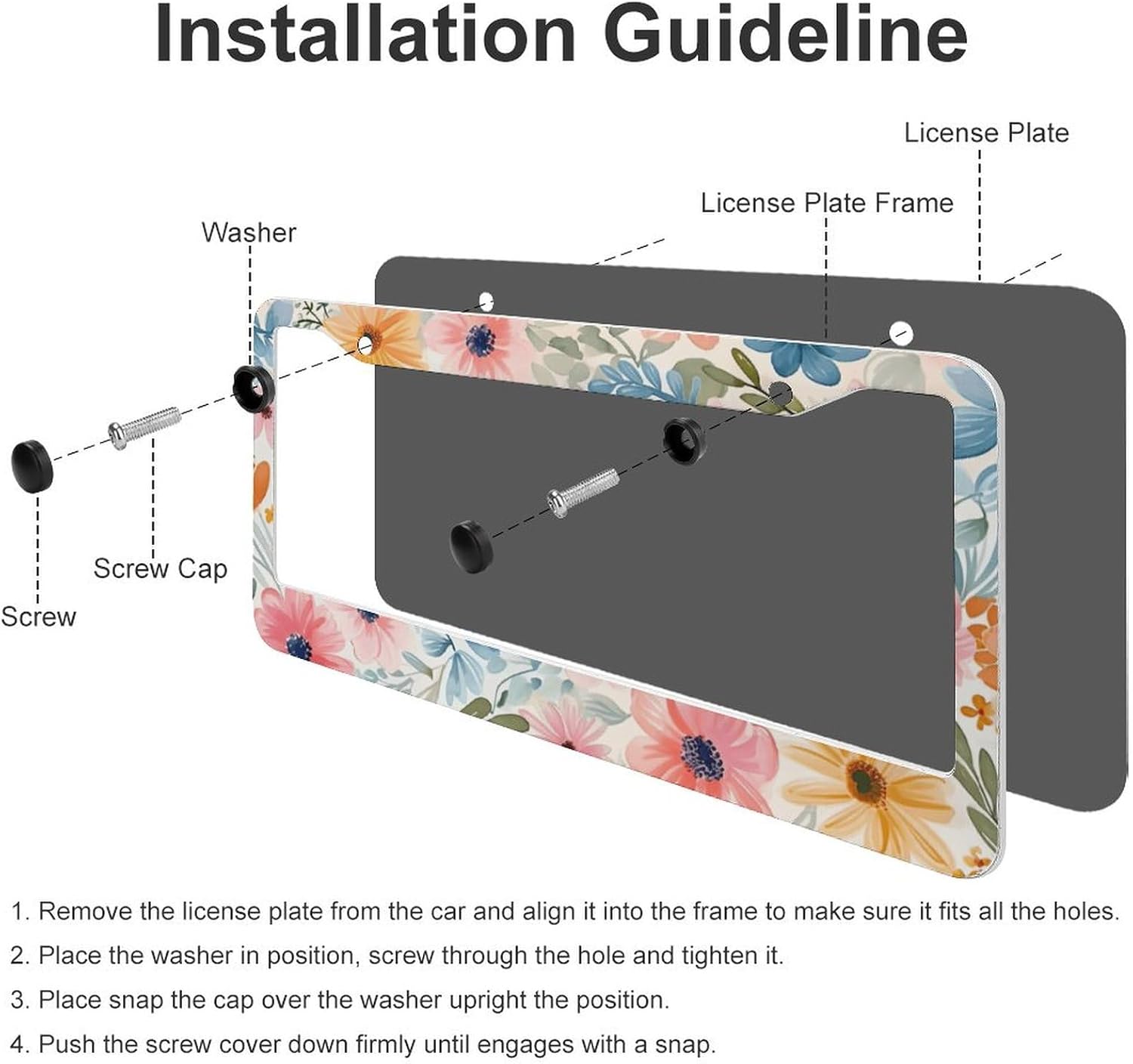 Flowers Floral License Plate Frames - 2 Pcs Set 2 Holes Metal Aluminum Auto Car Accessories Decoration License Plate Frame 12.2 x 6.3 inch for Women Men Gift