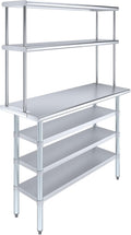 Amgood 18" x 48" Stainless Steel Work Table with 3 Shelves and 12" Wide Double Tier Overshelf | Metal Kitchen Prep Table & Shelving Combo | NSF
