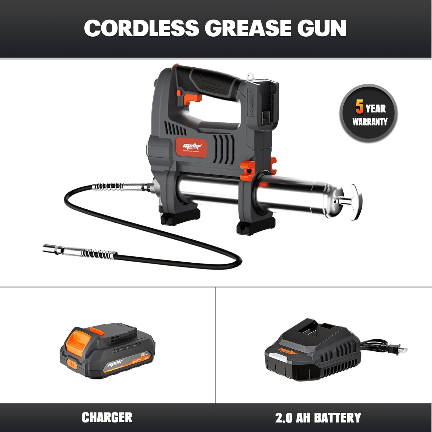 Mellif Cordless Power Grease Gun Compatible with DeWalt 20V MAX Battery, 10,000 PSI, Brushless Motor, 14 oz Capacity, 30" Hose, Built-in LED, Safety Lock, Includes 2.0Ah Battery & Fast Charger