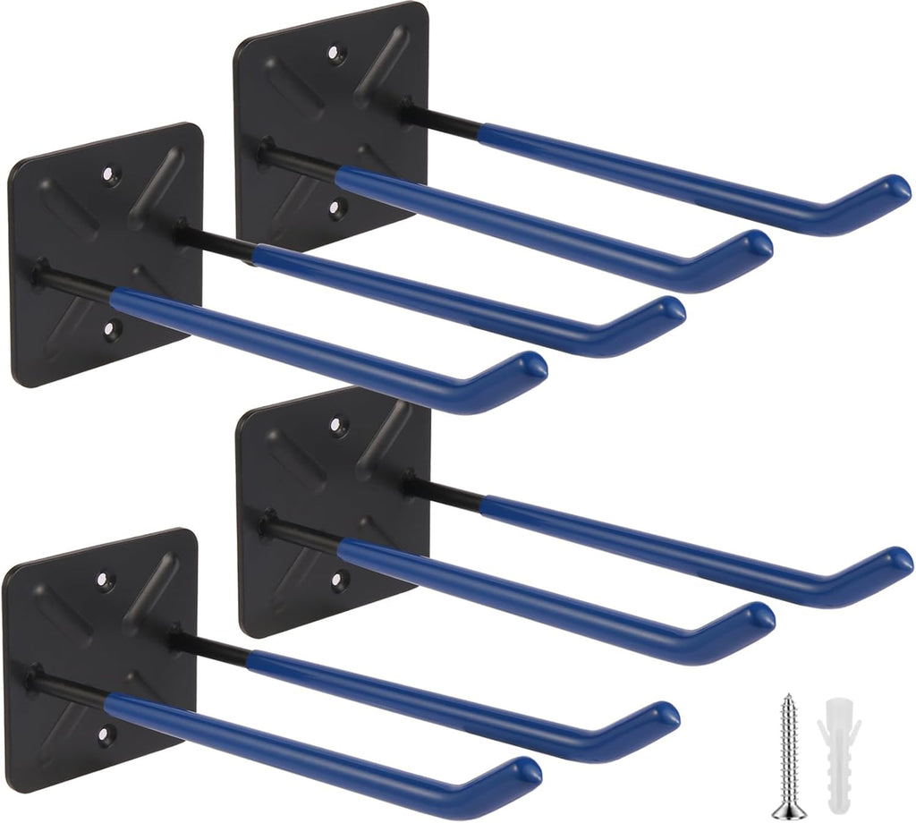 Steel Garage Storage Hooks Wall Tool Organizer, 12.4 Inch Garage Hook Heavy Duty Utility Storage Hangers Blue for Ladders, Chairs, Garden Tools, Set of 4