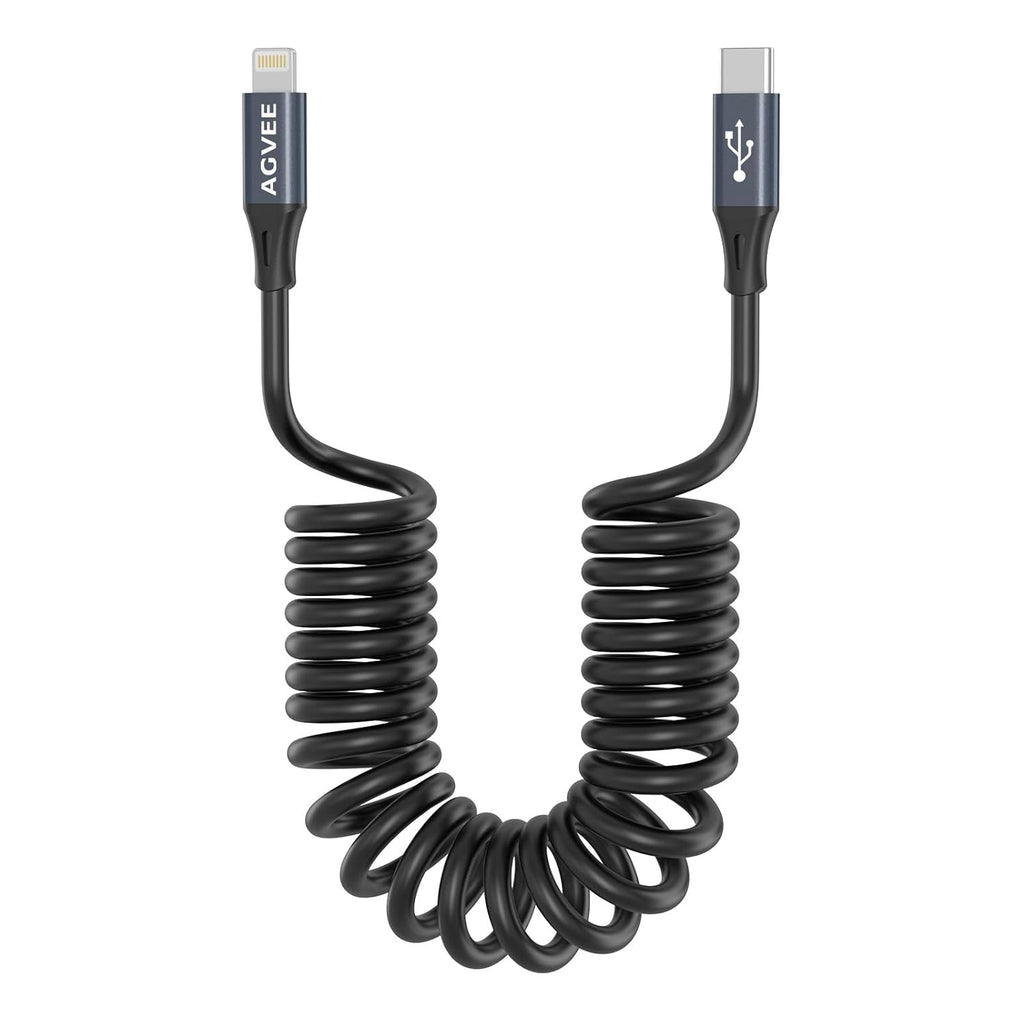 AGVEE 2 Pack 5ft Coiled Short USB-C to Lightning Charging Cable [MFI Certified] 30W PD Fast Charger Cord in Car for iPhone 14/13/12/11/XS/8/7/6/5 CarPlay, iPad, iPod, Dark Gray