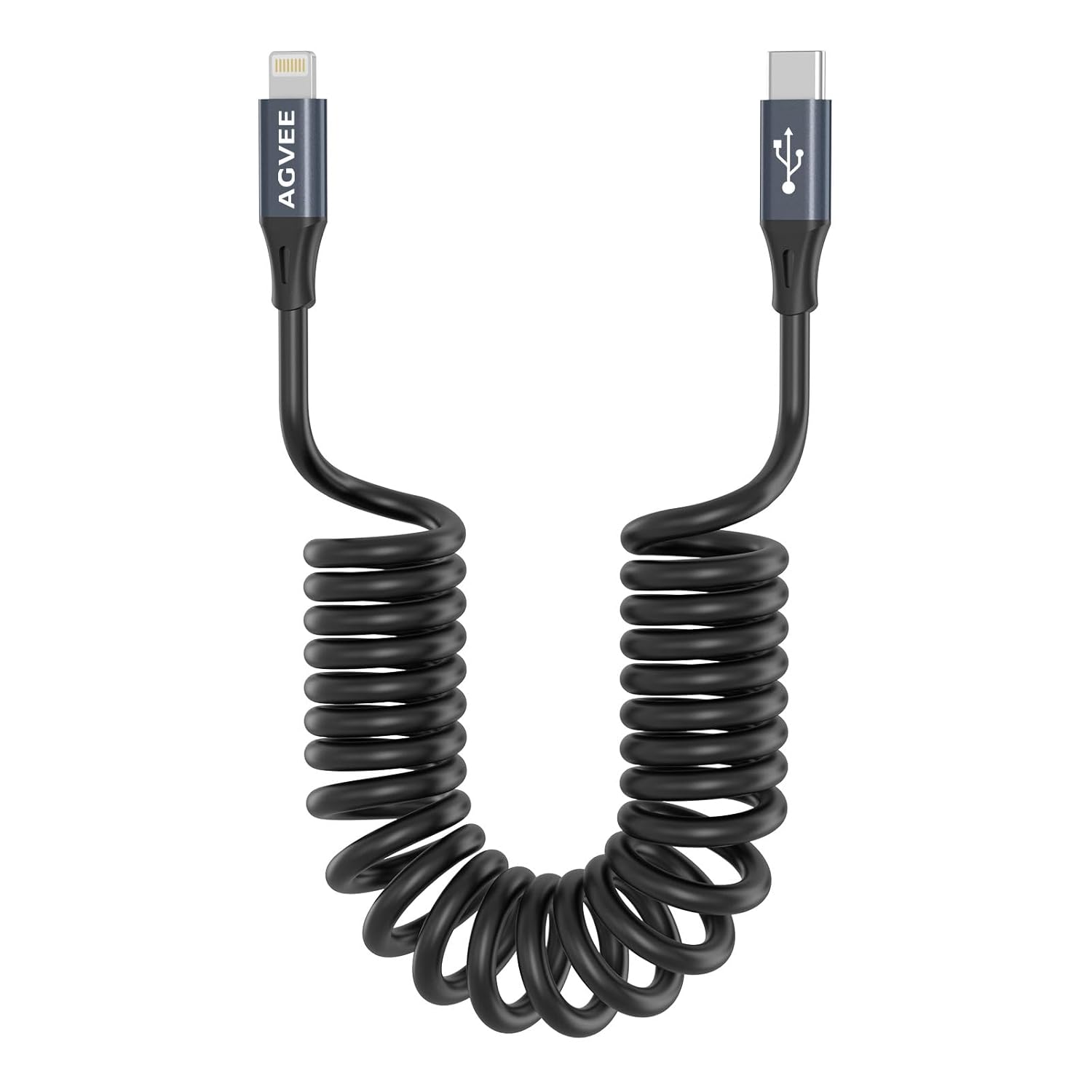 AGVEE 2 Pack 3ft Coiled Short USB-C to Lightning Charging Cable [MFI Certified] 30W PD Fast Charger Cord in Car for iPhone 14/13/12/11/XS/8/7/6/5 CarPlay, iPad, iPod, Dark Gray