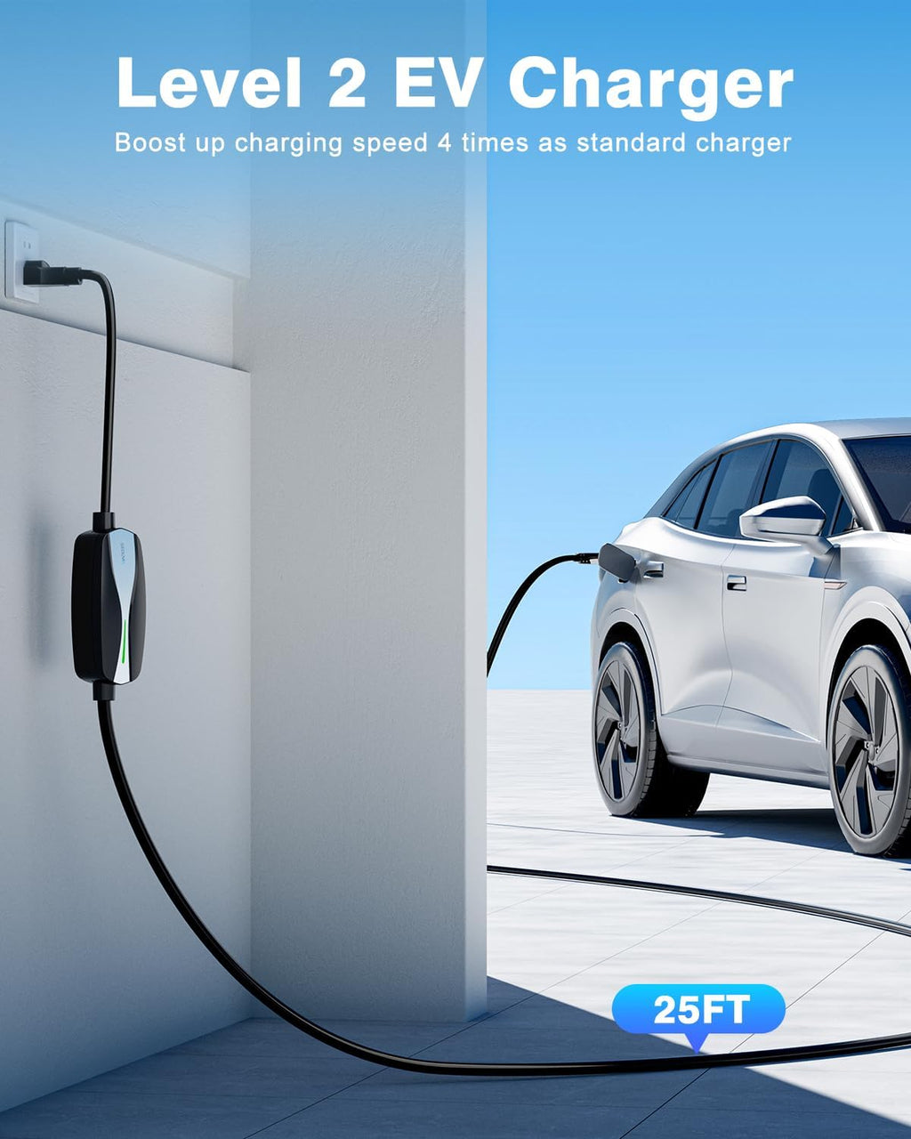 Level 1/2 EV Charger, 16Amp Electric Car Charger 25FT Cable with NEMA 6-20 Plug and NEMA 5-15 Adapter, Home Mobile EV Charging Station for J1772 BEVs/PHEVs 110V-240V(Black)