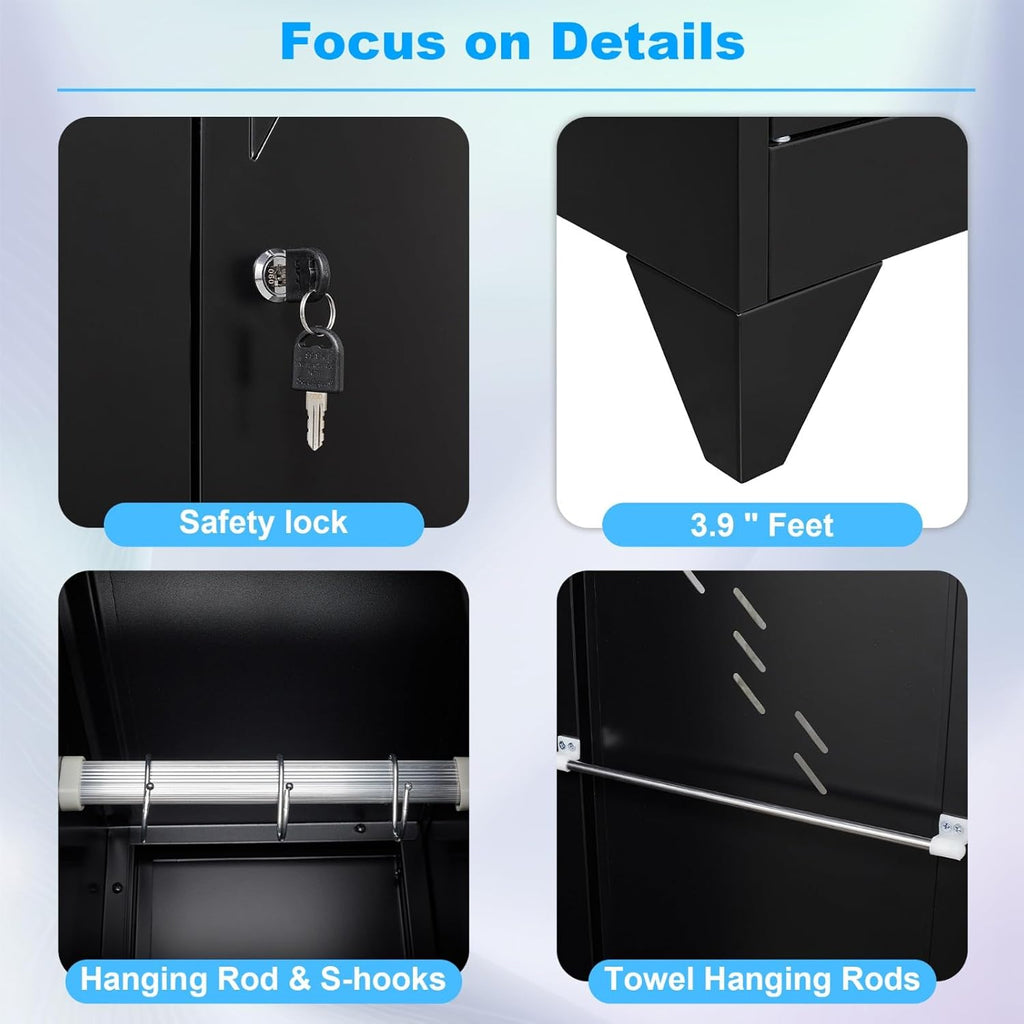 71" Broom Closet Cabinet with Hanging Rod, Tall Black Metal Storage Cabinet for Bathroom, Utility Room, and Garage