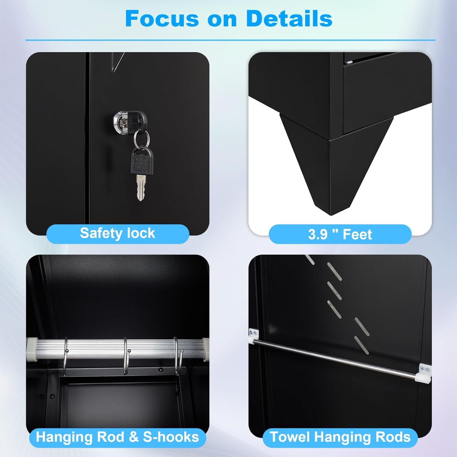 71" Broom Closet Cabinet with Hanging Rod, Tall Black Metal Storage Cabinet for Bathroom, Utility Room, and Garage