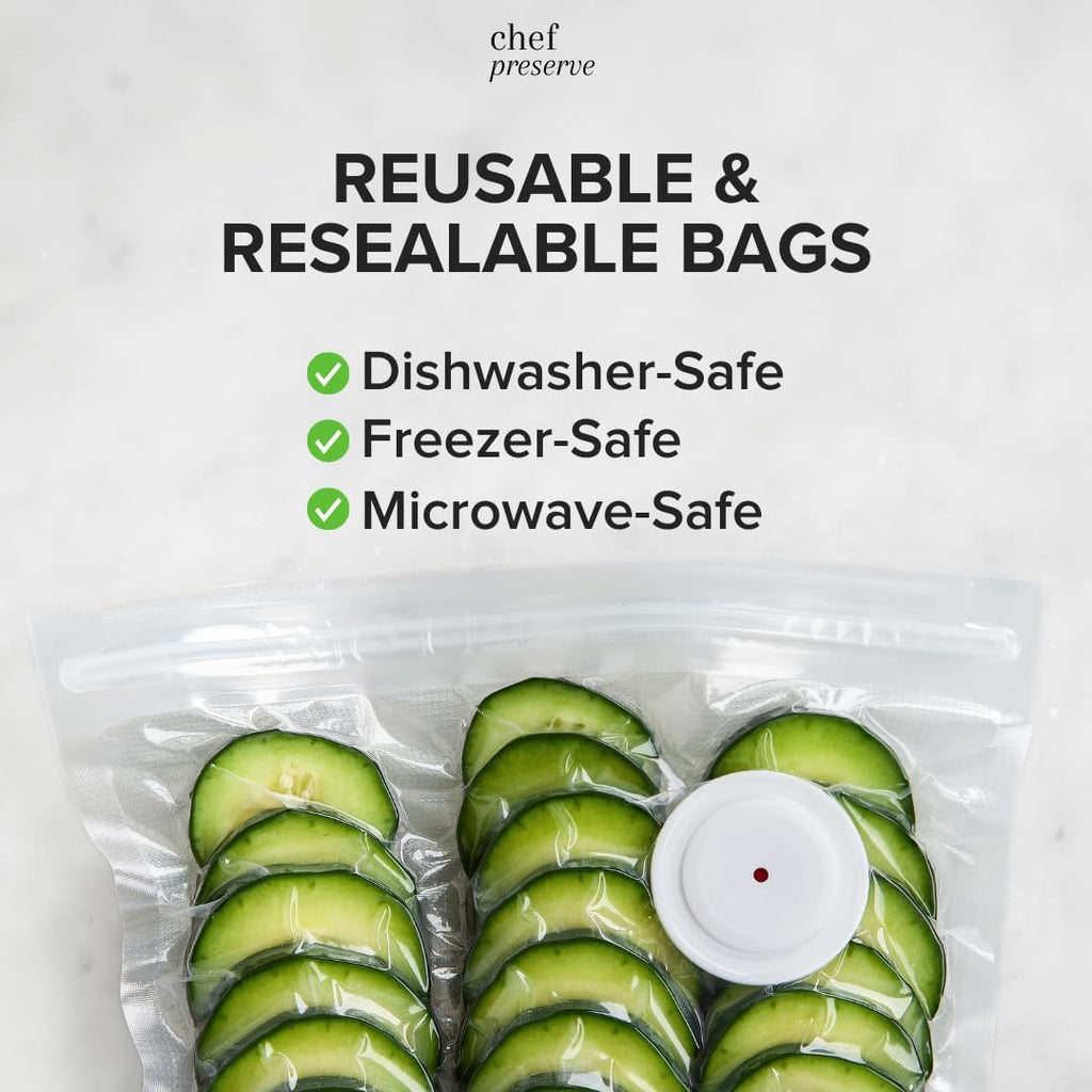 Chef Preserve Reusable Vacuum Sealer Bags for Food – 30 BPA-Free Small (8 x 10 in) Food Storage Bags, Freezer, Microwave – Odor-Resistant, Leak-Proof – Compatible with Chef Preserve Vacuum Sealers