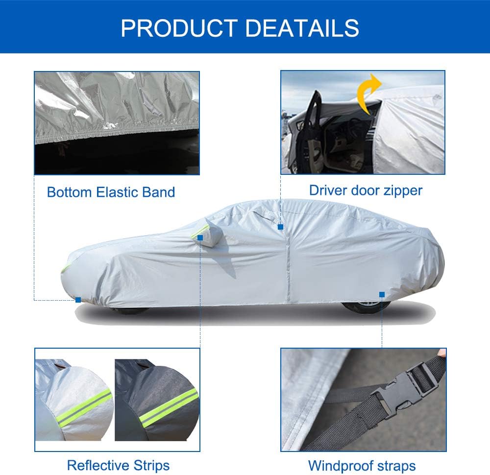 KouKou Full Exterior Covers 100% Waterproof, Universal Fit Toyota Camry Honda Accord Mercedes C Class etc, Car Cover for Automobiles All Weather(Sedan, Maximum Length 193 Inches) with Door Zipper.