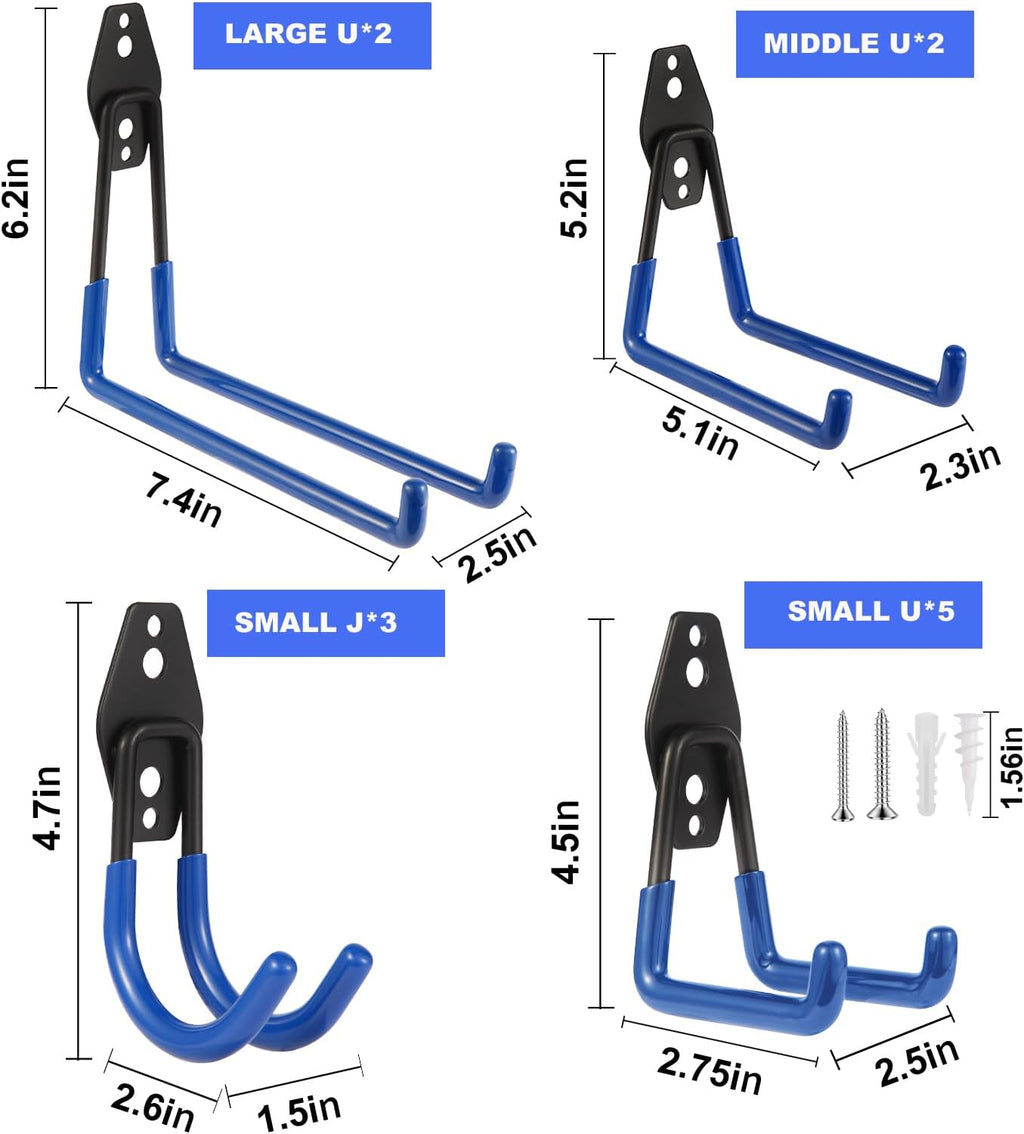 Steel Garage Hooks Wall Tool Organizer, 12 Pack Garage Storage Hook Heavy Duty Utility Storage Hangers Blue for Ladders, Ropes, Garden Tools